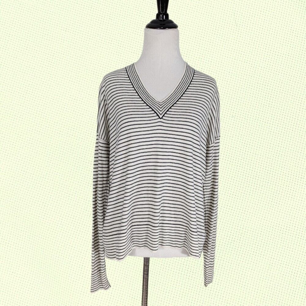 ATM Ivory Black Striped Long Sleeve Silk Wool Cashmere Knit‎ V Neck Sweater XS